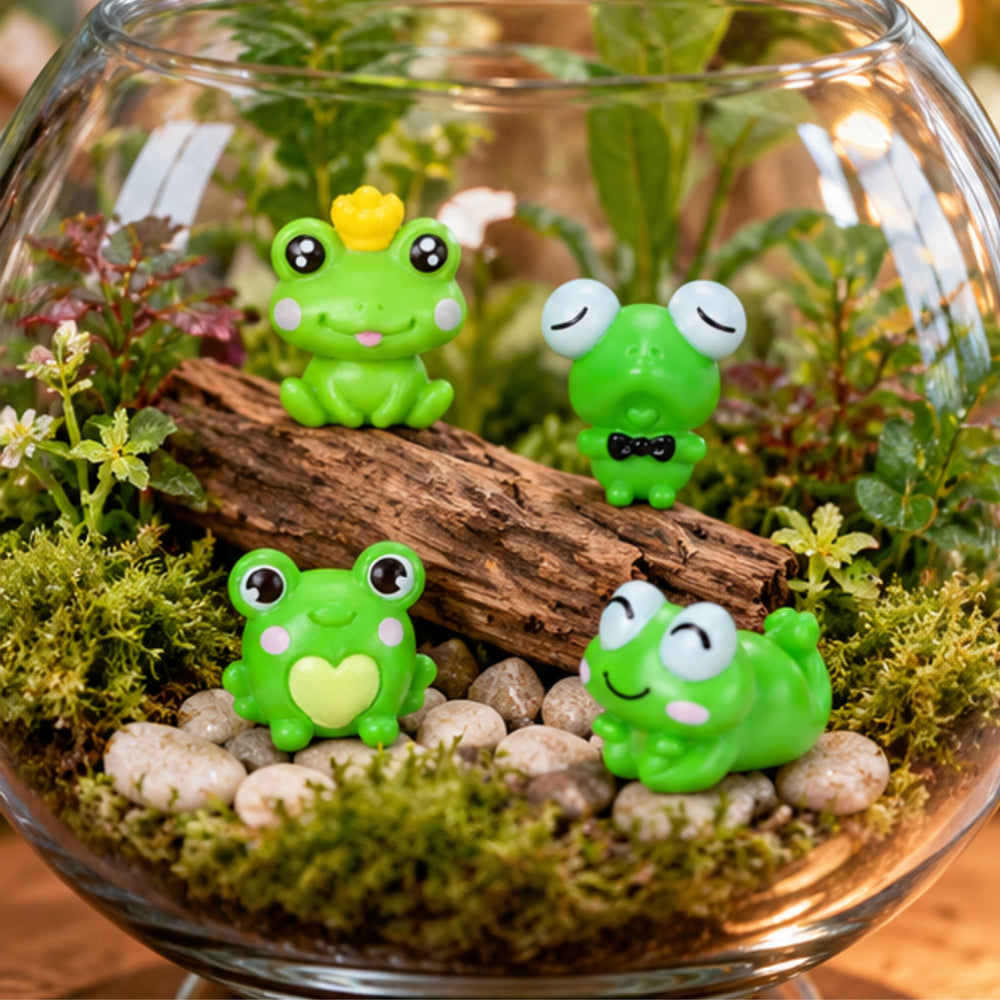 Wonderland 4 Pcs Cute Mini Frog Figurines Set - Tiny Resin Frogs for Fairy Garden, Terrarium & Dollhouse Decor