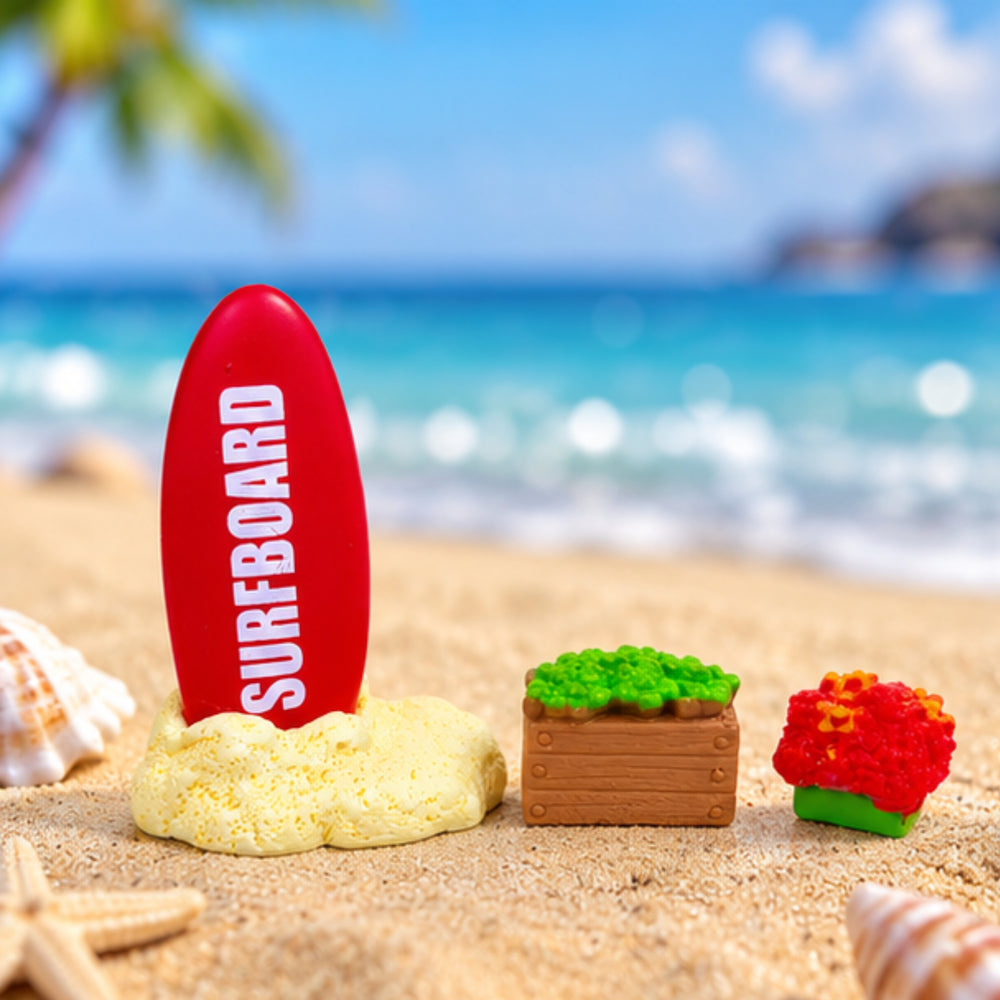 Wonderland set of 3- Miniature Beach Vacation Set - Surfboard, Planter Box, and Coral/Plant Accessory for Dollhouse, Terrarium, or Crafting