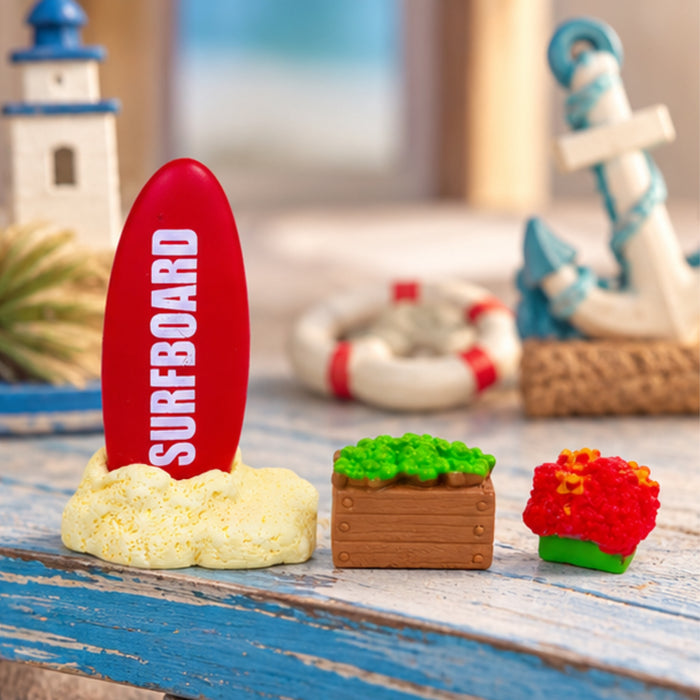 Set of 3- Miniature Beach Vacation Set - Surfboard, Planter Box, and Coral/Plant Accessory for Dollhouse, Terrarium, or Crafting
