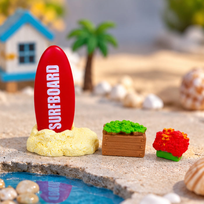 Set of 3- Miniature Beach Vacation Set - Surfboard, Planter Box, and Coral/Plant Accessory for Dollhouse, Terrarium, or Crafting