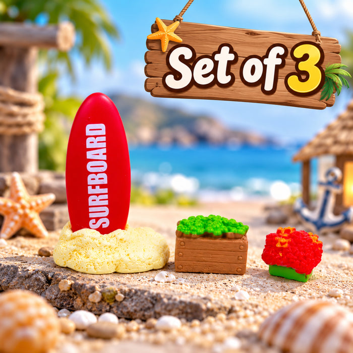 Set of 3- Miniature Beach Vacation Set - Surfboard, Planter Box, and Coral/Plant Accessory for Dollhouse, Terrarium, or Crafting