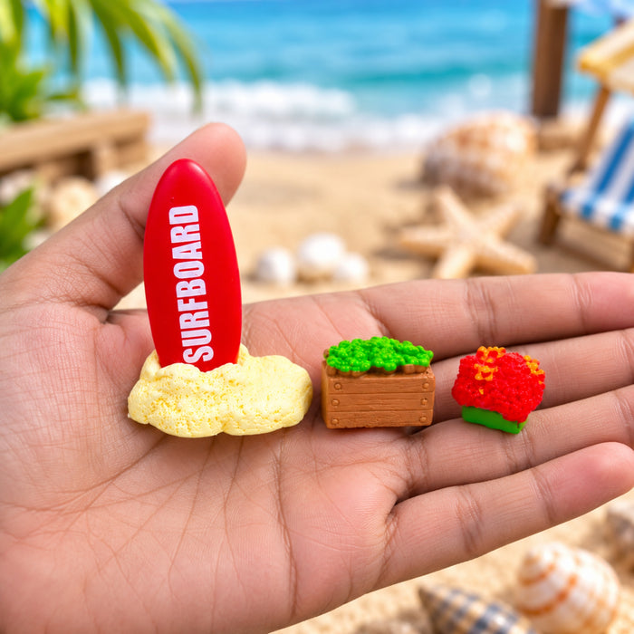 Set of 3- Miniature Beach Vacation Set - Surfboard, Planter Box, and Coral/Plant Accessory for Dollhouse, Terrarium, or Crafting
