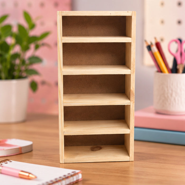 5-Slot Wooden Almirah-Shaped Mini Figures Cubby Box Display Shelf Organizer Storage Box (Light Brown) (Miniature not Included