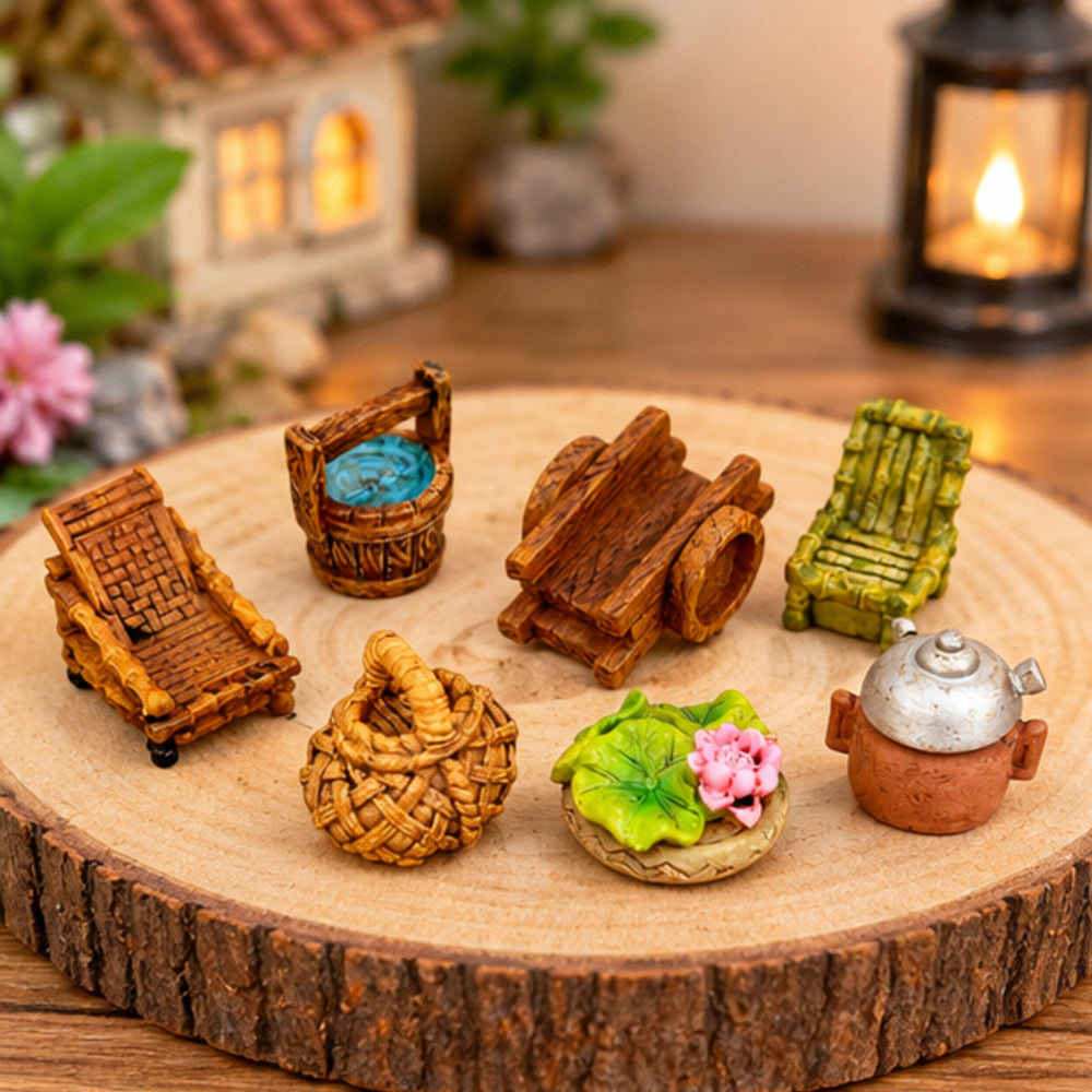 Wonderland 7-Piece Miniature Rustic Furniture & Accessories Set | Fairy Garden, Dollhouse & Terrarium Decor