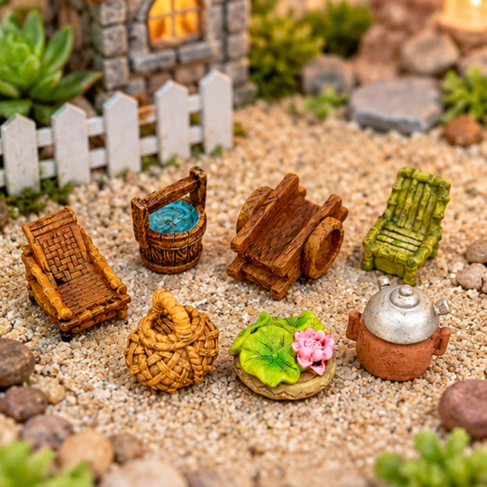 7-Piece Miniature Rustic Furniture & Accessories Set | Fairy Garden, Dollhouse & Terrarium Decor