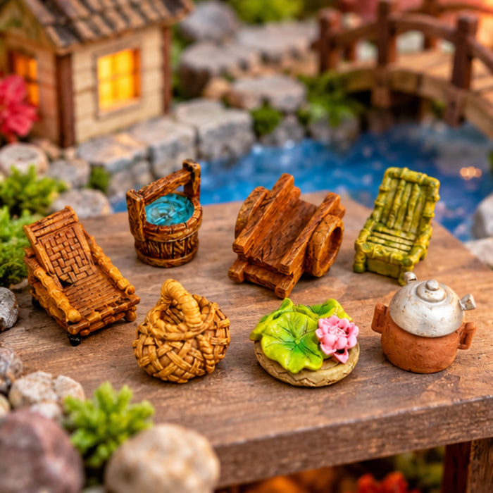 7-Piece Miniature Rustic Furniture & Accessories Set | Fairy Garden, Dollhouse & Terrarium Decor