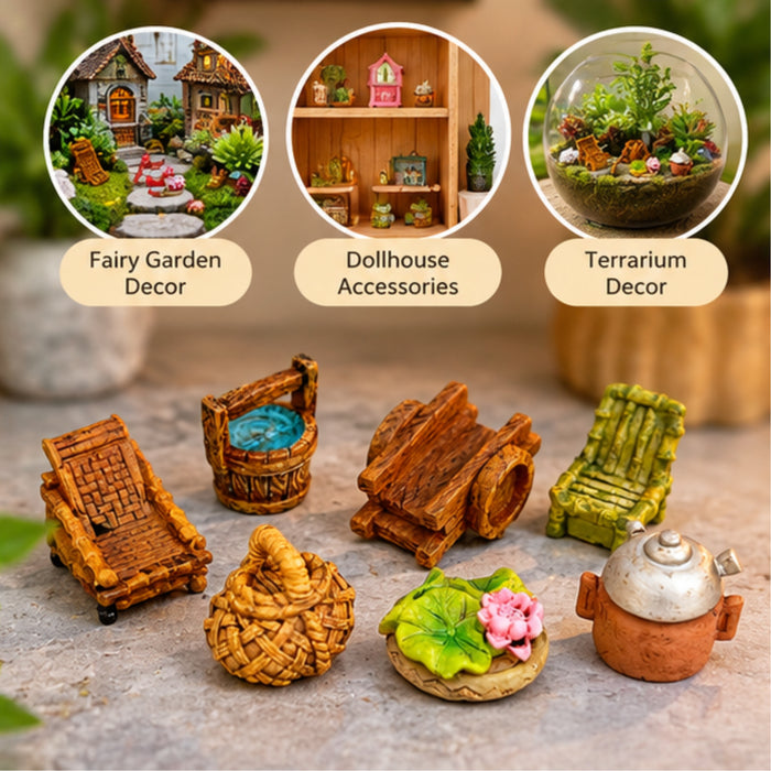 7-Piece Miniature Rustic Furniture & Accessories Set | Fairy Garden, Dollhouse & Terrarium Decor