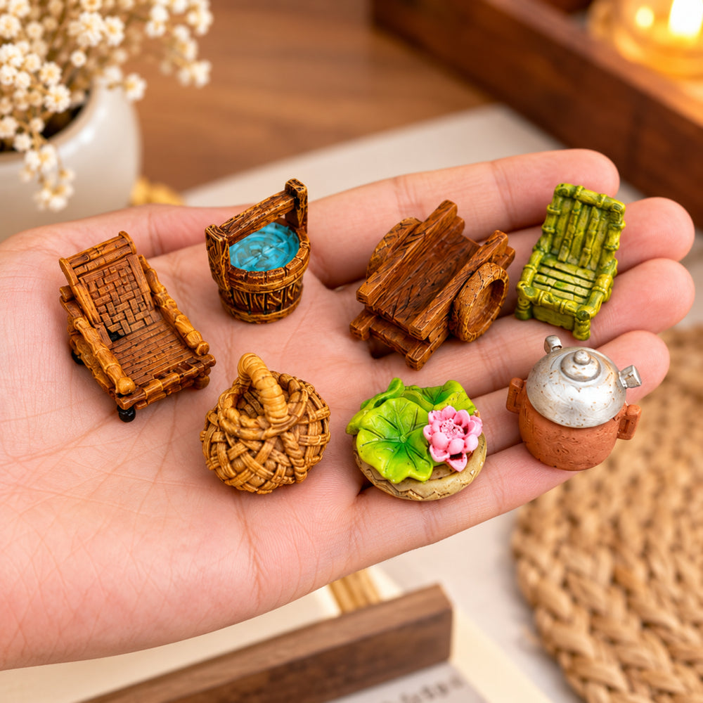 Wonderland 7-Piece Miniature Rustic Furniture & Accessories Set | Fairy Garden, Dollhouse & Terrarium Decor