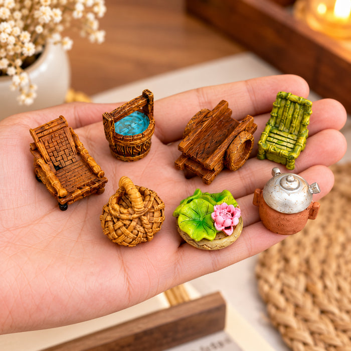 7-Piece Miniature Rustic Furniture & Accessories Set | Fairy Garden, Dollhouse & Terrarium Decor