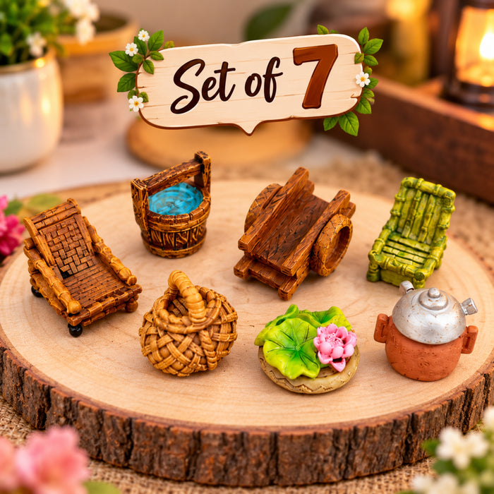 7-Piece Miniature Rustic Furniture & Accessories Set | Fairy Garden, Dollhouse & Terrarium Decor