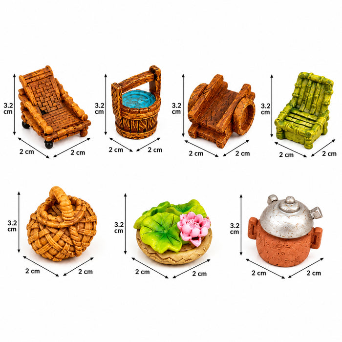 7-Piece Miniature Rustic Furniture & Accessories Set | Fairy Garden, Dollhouse & Terrarium Decor