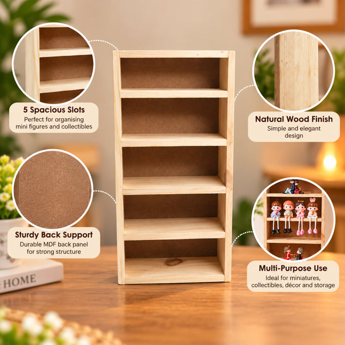 5-Slot Wooden Almirah-Shaped Mini Figures Cubby Box Display Shelf Organizer Storage Box (Light Brown) (Miniature not Included