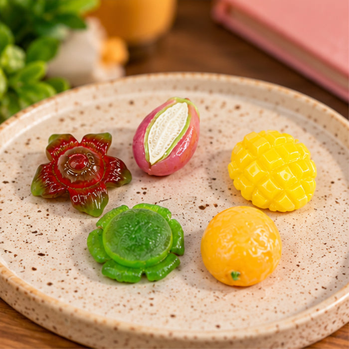 Exotic Fruit Mix Resin Miniatures | 5pc Set for Crafting, Slime, & Decor | Doll House Accessories| mini fake food miniatures use for craft, education purpose, paper weight and gifting