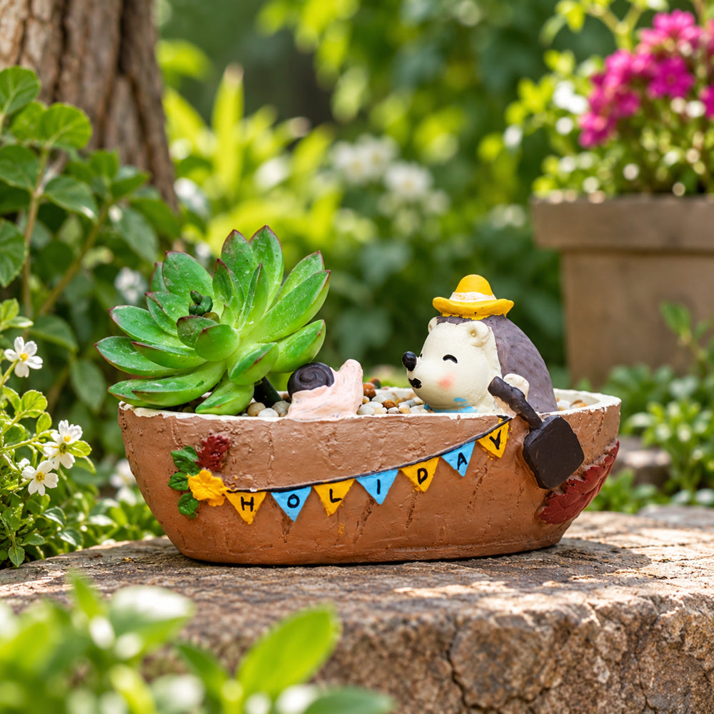 Hedgehog on Boat Pot for Home and Balcony Decoration