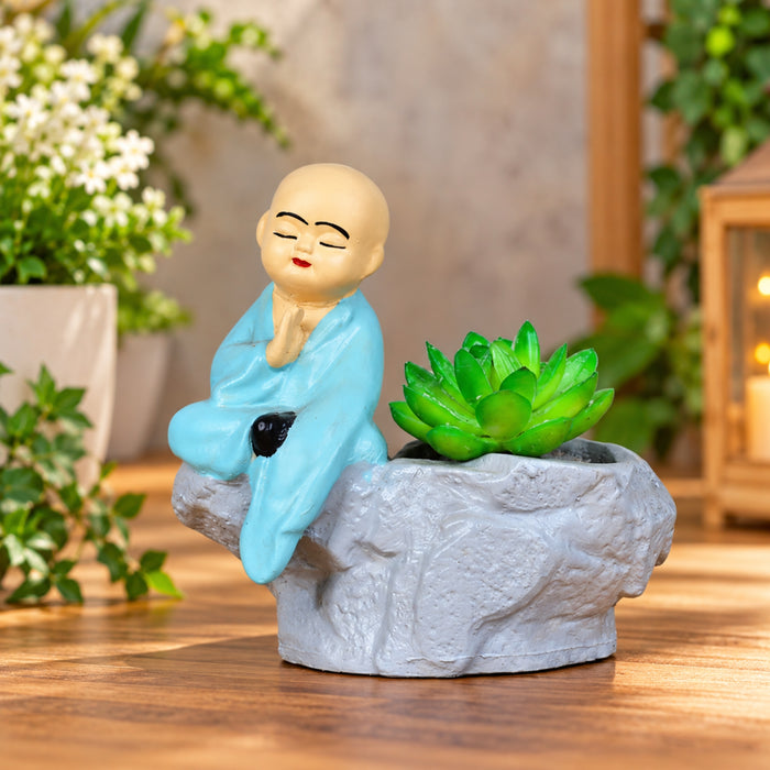 Monk with Succulent Pot Home and Balcony Decoration (Blue)