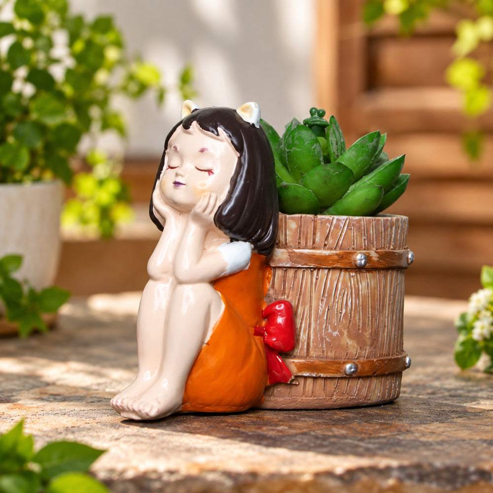 Kitty Girl with Basket Pot for Home Decoration