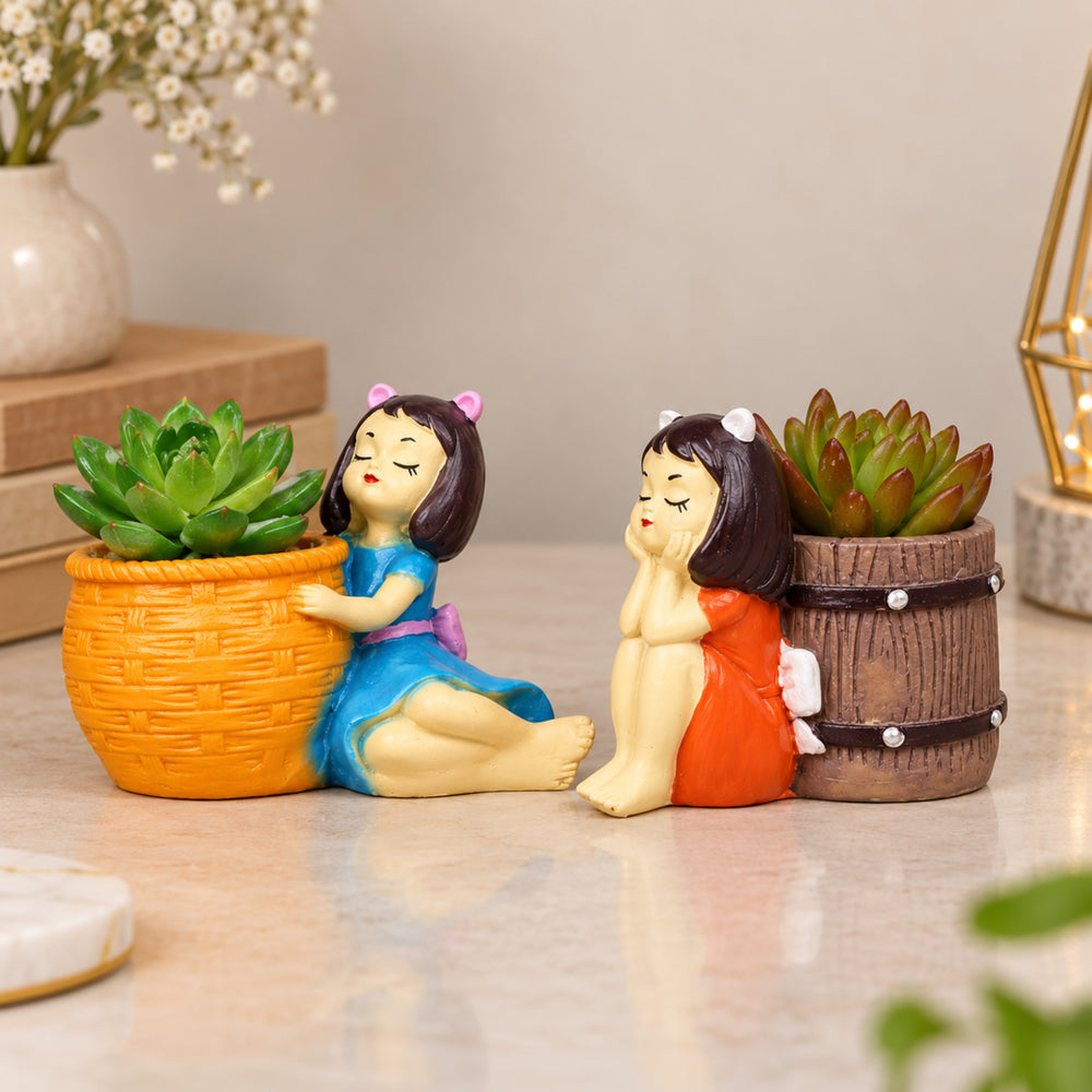 (Set of 2) Basket & Kitty Girl Succulent Pot for Home Decoration