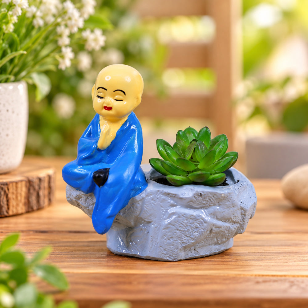 Monk with Mountain Succulent Pots (Blue)