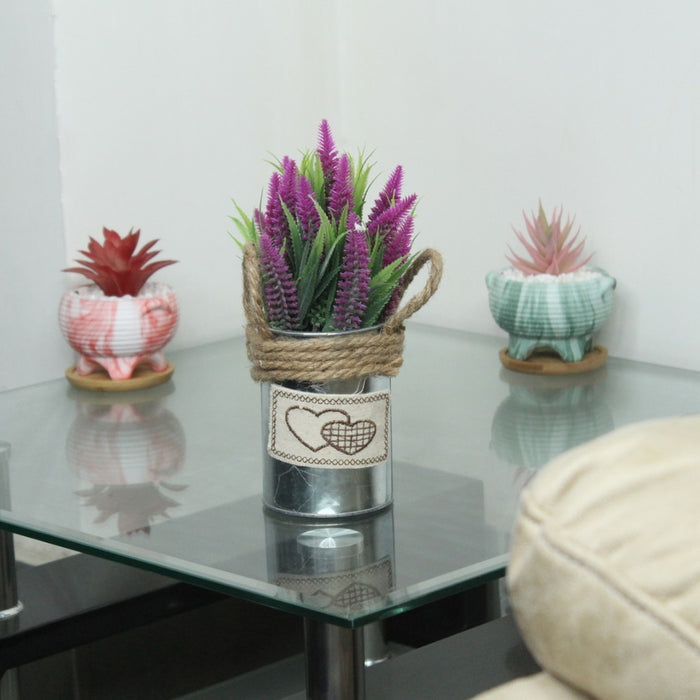 Rustic Heart-Embellished Metal Pot with Faux Purple Lavender