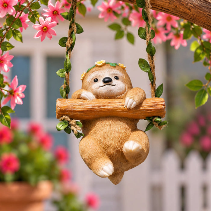 Cute Sloth on a Swing Statue, Hanging Resin Animal Figurine for Indoor/Outdoor Garden Decor