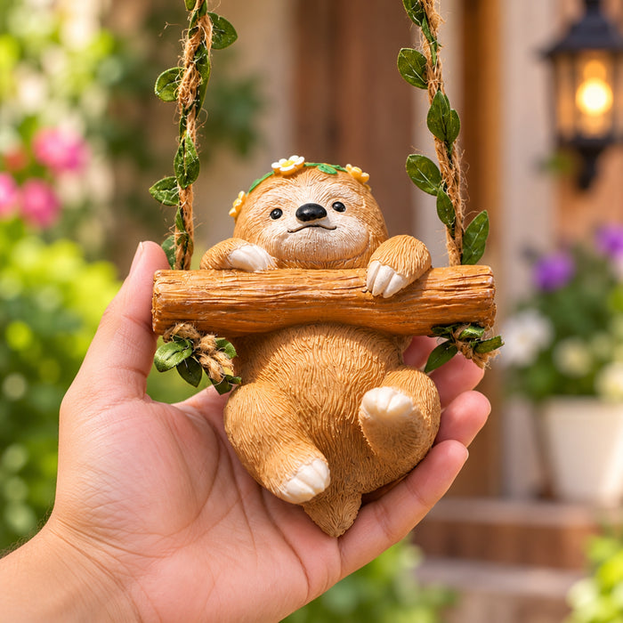 Cute Sloth on a Swing Statue, Hanging Resin Animal Figurine for Indoor/Outdoor Garden Decor