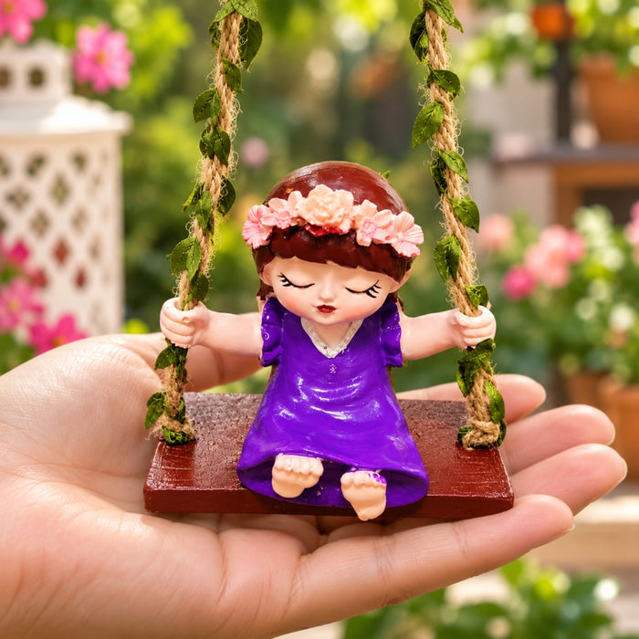 Cute Girl on Swing Resin Figurine with Flower Crown and Ivy Ropes – Hanging Garden & Home Decor Ornament
