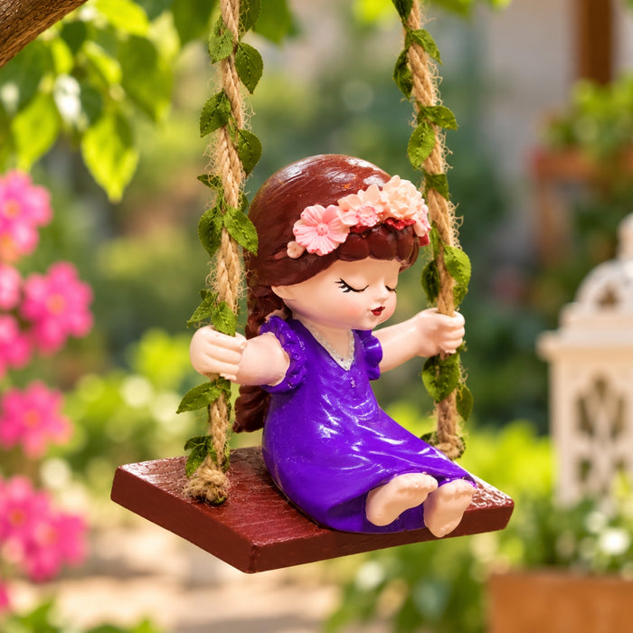 Cute Girl on Swing Resin Figurine with Flower Crown and Ivy Ropes – Hanging Garden & Home Decor Ornament