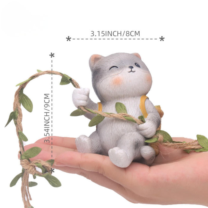 Hanging Cat Garden Ornament with Rope Swing, Cute Grey Cat Figurine for Garden, Balcony, Patio, Tree Branch & Home Decor