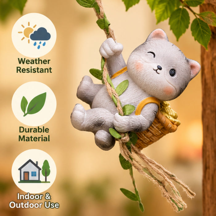 Hanging Cat Garden Ornament with Rope Swing, Cute Grey Cat Figurine for Garden, Balcony, Patio, Tree Branch & Home Decor