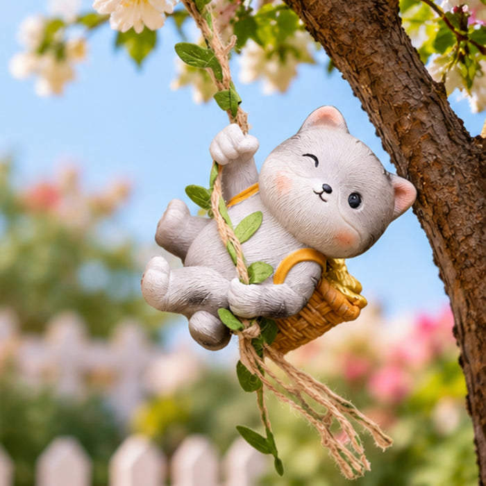 Hanging Cat Garden Ornament with Rope Swing, Cute Grey Cat Figurine for Garden, Balcony, Patio, Tree Branch & Home Decor