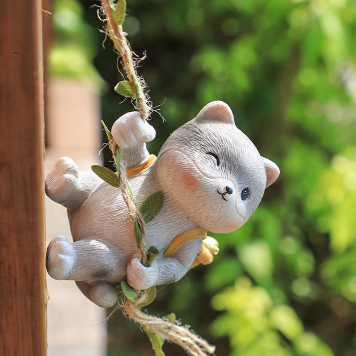 Hanging Cat Garden Ornament with Rope Swing, Cute Grey Cat Figurine for Garden, Balcony, Patio, Tree Branch & Home Decor