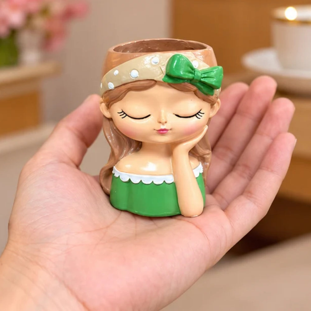 Cute Girl Face Planter for Succulents – 4-Inch Resin Flower Pot(Green Dress, Plant Not Included)