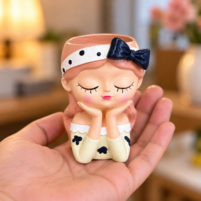 Cute Girl Face Planter with Bow Headband – 4-Inch Resin Succulent Pot & Decorative Flower Pot for Indoor Plants (Plant Not Included)