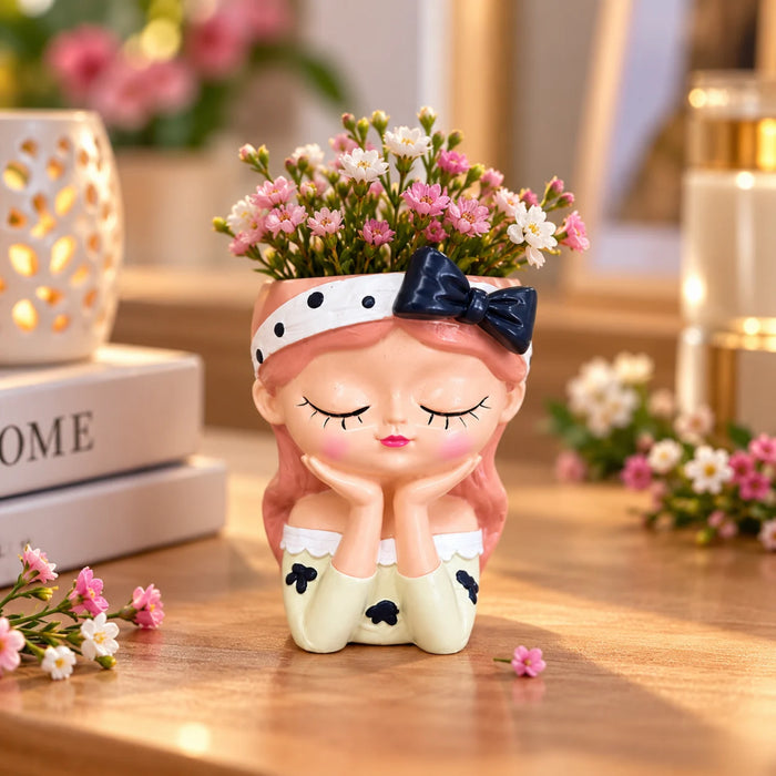 Cute Girl Face Planter with Bow Headband – 4-Inch Resin Succulent Pot & Decorative Flower Pot for Indoor Plants (Plant Not Included)