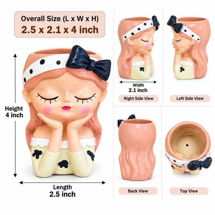 Cute Girl Face Planter with Bow Headband – 4-Inch Resin Succulent Pot & Decorative Flower Pot for Indoor Plants (Plant Not Included)