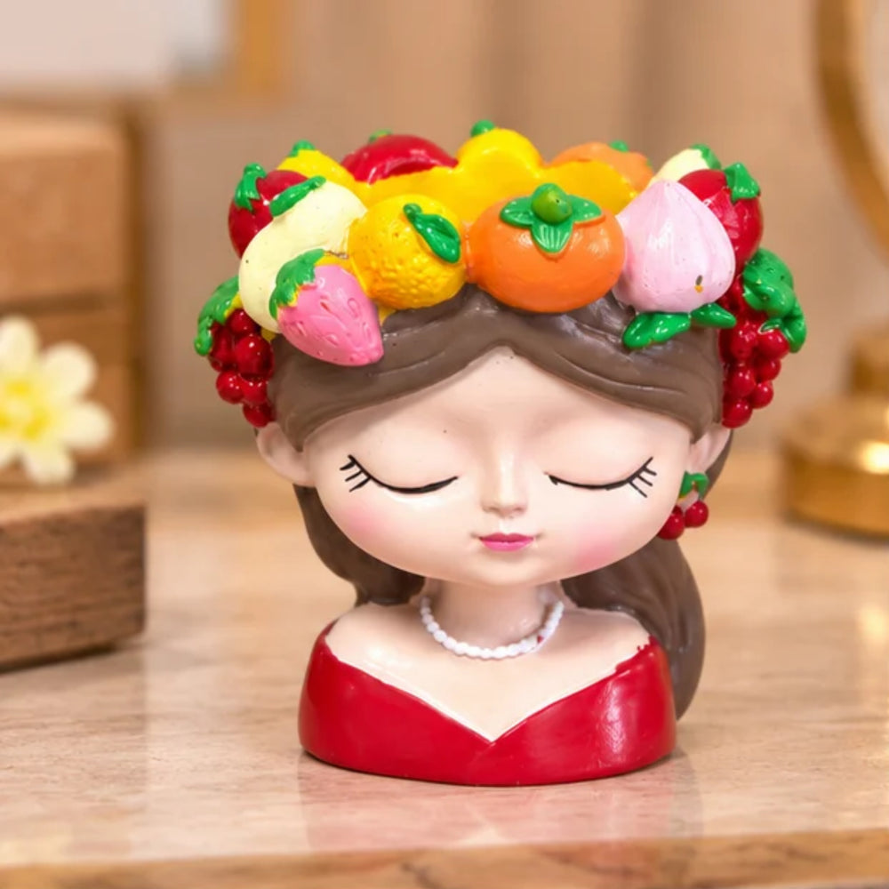 4-Inch Cute Girl Face Planter with Colorful Fruit Crown – Resin Head Flower Pot for Succulents, Cactus & Indoor Home Decor (Plant Not Included)