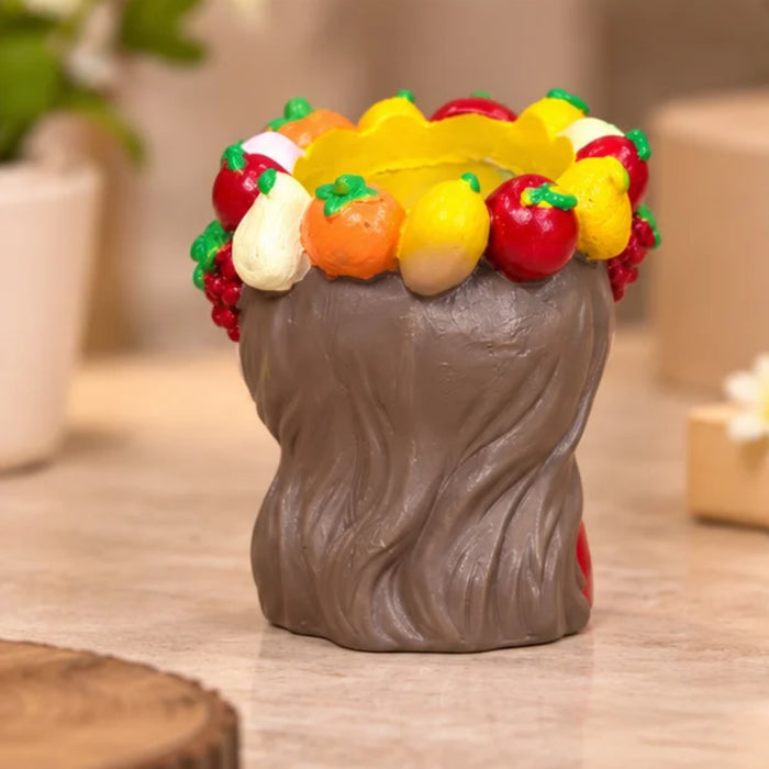4-Inch Cute Girl Face Planter with Colorful Fruit Crown – Resin Head Flower Pot for Succulents, Cactus & Indoor Home Decor (Plant Not Included)
