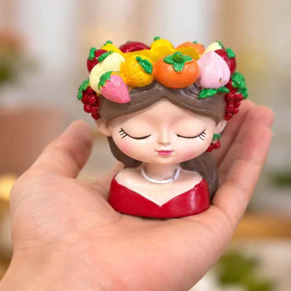 4-Inch Cute Girl Face Planter with Colorful Fruit Crown – Resin Head Flower Pot for Succulents, Cactus & Indoor Home Decor (Plant Not Included)