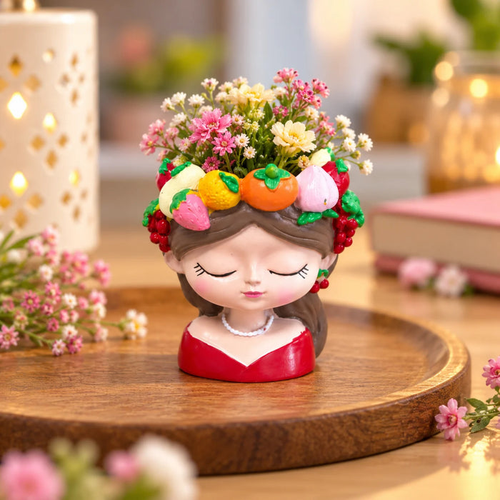 4-Inch Cute Girl Face Planter with Colorful Fruit Crown – Resin Head Flower Pot for Succulents, Cactus & Indoor Home Decor (Plant Not Included)