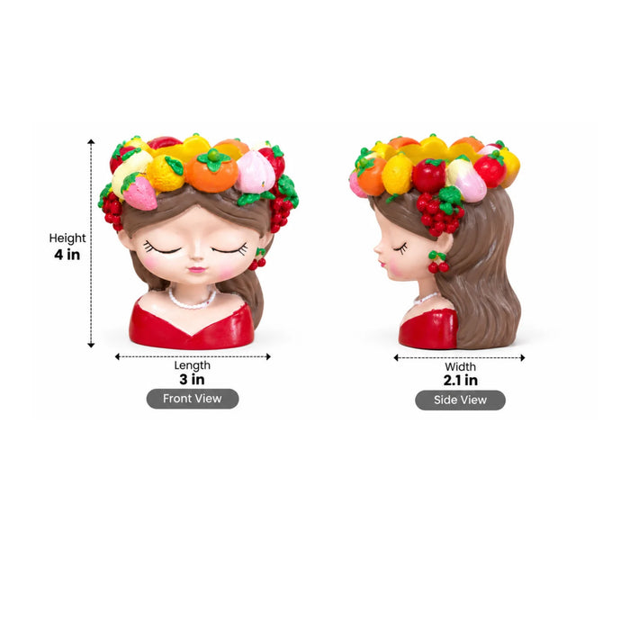 4-Inch Cute Girl Face Planter with Colorful Fruit Crown – Resin Head Flower Pot for Succulents, Cactus & Indoor Home Decor (Plant Not Included)