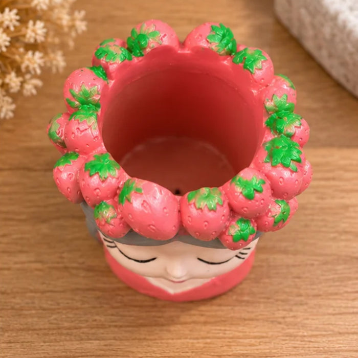 Cute Strawberry Girl Face Planter for Indoor Plants, 4-Inch Resin Succulent Pot, (Plant Not Included)