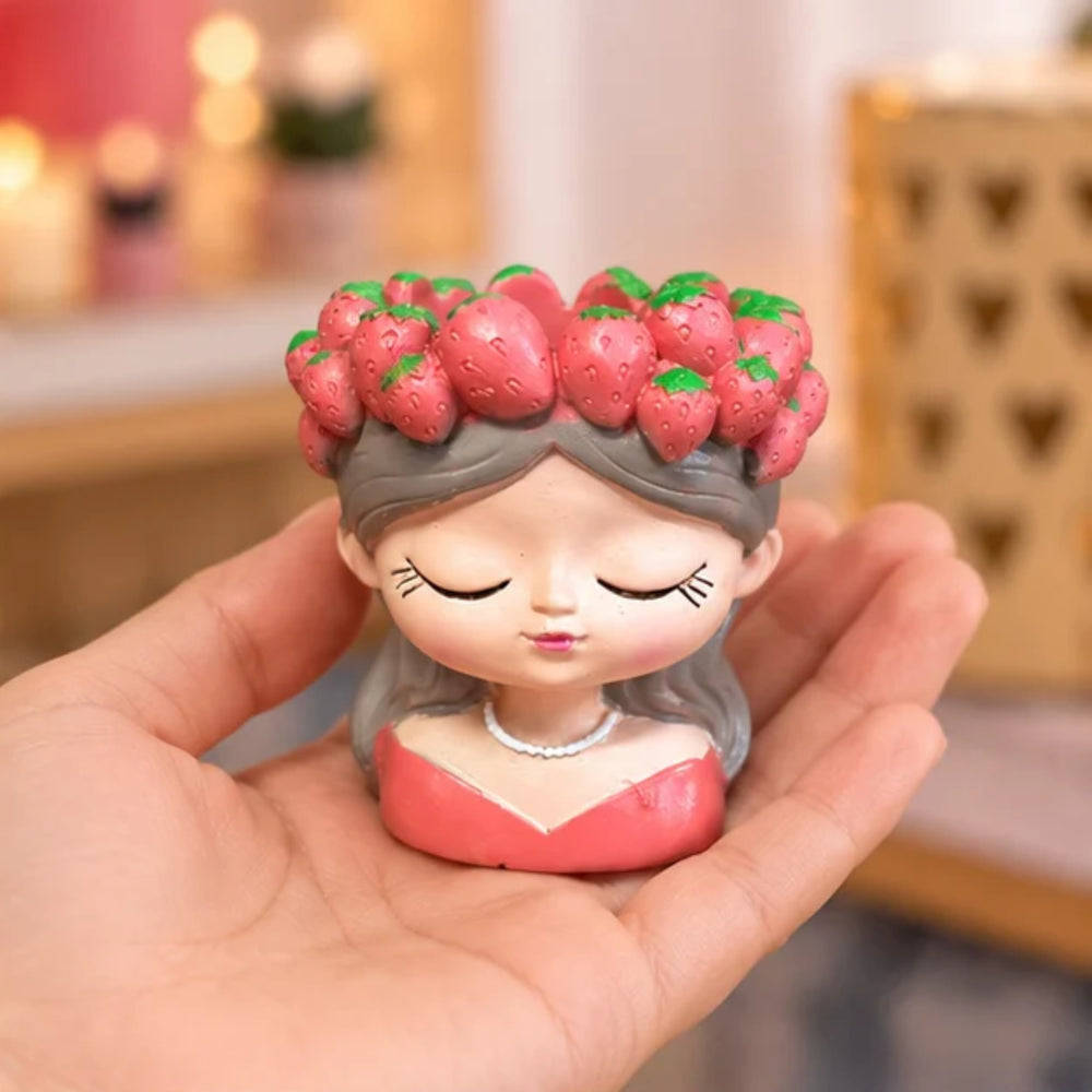 Cute Strawberry Girl Face Planter for Indoor Plants, 4-Inch Resin Succulent Pot, (Plant Not Included)