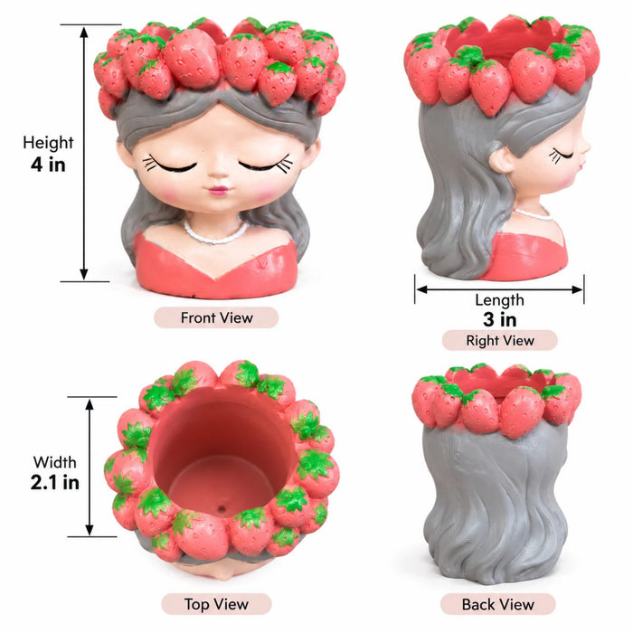 Cute Strawberry Girl Face Planter for Indoor Plants, 4-Inch Resin Succulent Pot, (Plant Not Included)