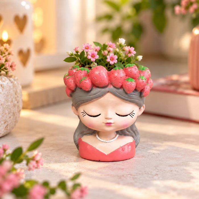 Cute Strawberry Girl Face Planter for Indoor Plants, 4-Inch Resin Succulent Pot, (Plant Not Included)