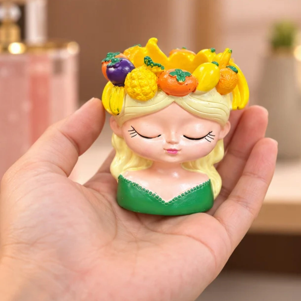 4 Inch Cute Girl Face Planter with Fruit Crown – Resin Head Flower Pot for Indoor Plants, Succulents, (Plant Not Included)