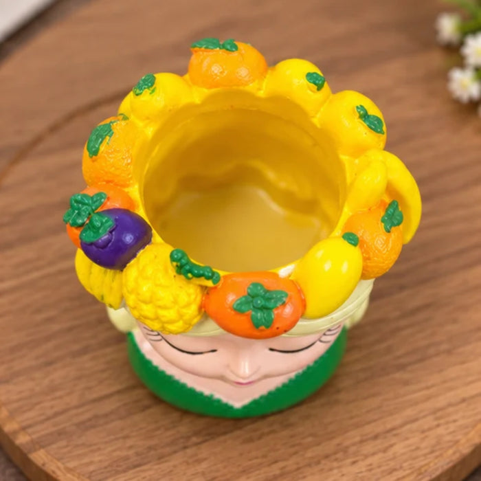 4 Inch Cute Girl Face Planter with Fruit Crown – Resin Head Flower Pot for Indoor Plants, Succulents, (Plant Not Included)