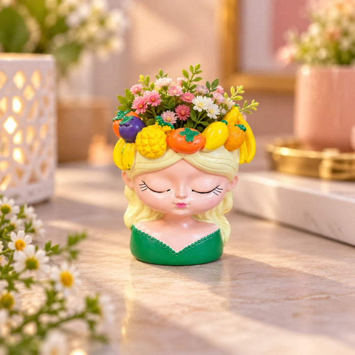 4 Inch Cute Girl Face Planter with Fruit Crown – Resin Head Flower Pot for Indoor Plants, Succulents, (Plant Not Included)
