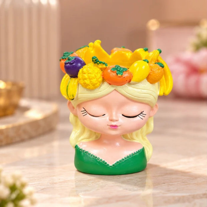 4 Inch Cute Girl Face Planter with Fruit Crown – Resin Head Flower Pot for Indoor Plants, Succulents, (Plant Not Included)