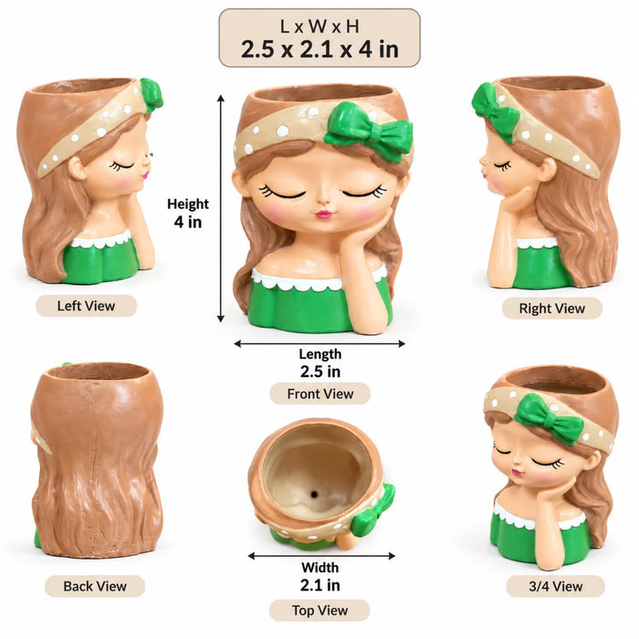 Cute Girl Face Planter for Succulents – 4-Inch Resin Flower Pot(Green Dress, Plant Not Included)