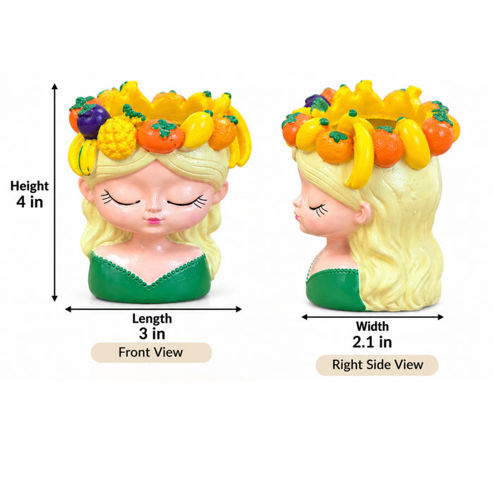 4 Inch Cute Girl Face Planter with Fruit Crown – Resin Head Flower Pot for Indoor Plants, Succulents, (Plant Not Included)